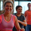 Gruppe lachender Menschen nimmt an einem Fitnesskurs teil