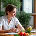 Frau am Tisch mit frischem Gemüse und Ernährungsberaterin