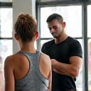 Personaltrainer motiviert Klienten im Fitnessstudio